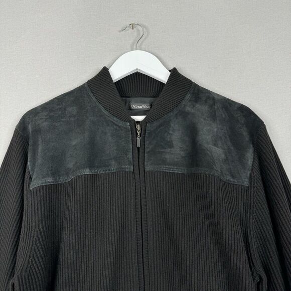Pendleton Mens Jacket Medium Black Wool Rib Knit Suede Leather Elbow Patch Y2K - Picture 2 of 12
